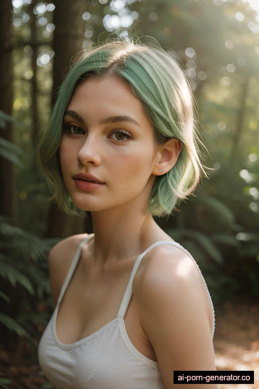 white skinny adult woman with small boobs and green hair of mid-back length, bending over in forest, wearing shirt, with shaved pussy