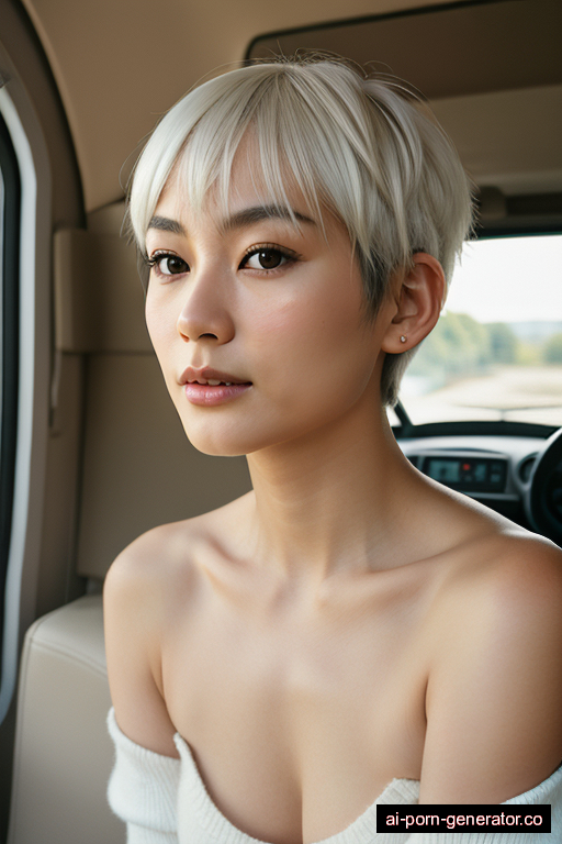 japanese average built adult woman with small boobs and white hair of pixie cut length, on her knees in camper van, wearing sweater, with shaved pussy