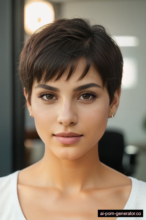 middle eastern athletic young-adult woman with medium boobs and white hair of pixie cut length, splitting legs in office, wearing naked, with bushy pussy