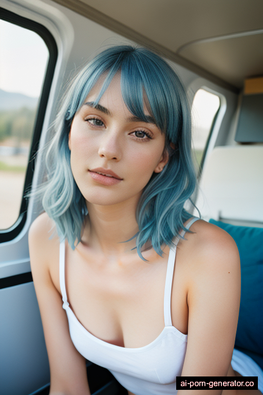 french skinny young-adult woman with large boobs and blue hair of shoulder length, splitting legs in camper van, wearing naked, with trimmed pussy