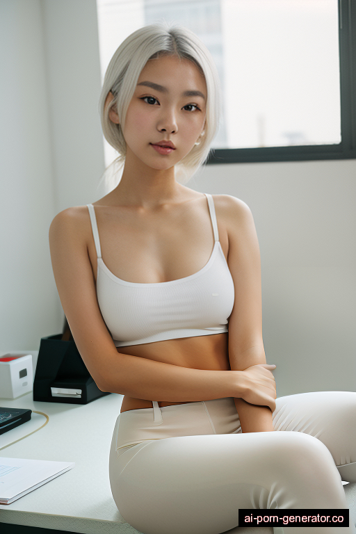 japanese skinny teen woman with medium boobs and white hair of shoulder length, sitting in office, wearing yoga pants, with shaved pussy