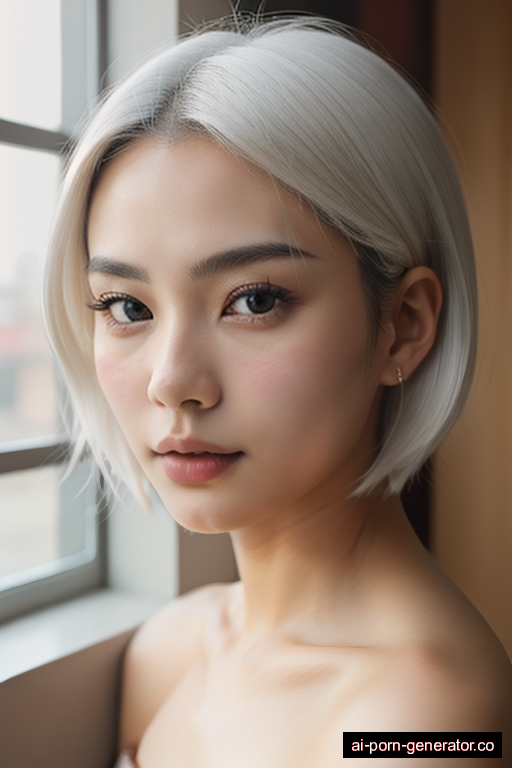 korean average built young-adult woman with small boobs and white hair of shoulder length, standing in classroom, wearing naked, with shaved pussy