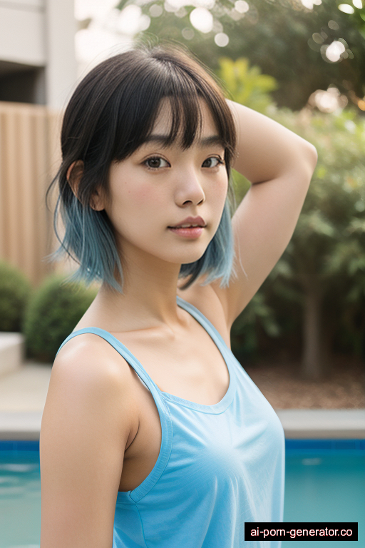 japanese average built mature woman with small boobs and blue hair of shoulder length, bending over in pool, wearing t-shirt, with shaved pussy