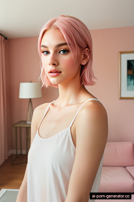 white athletic young-adult woman with small boobs and pink hair of shoulder length, standing in living room, wearing lingerie, with shaved pussy