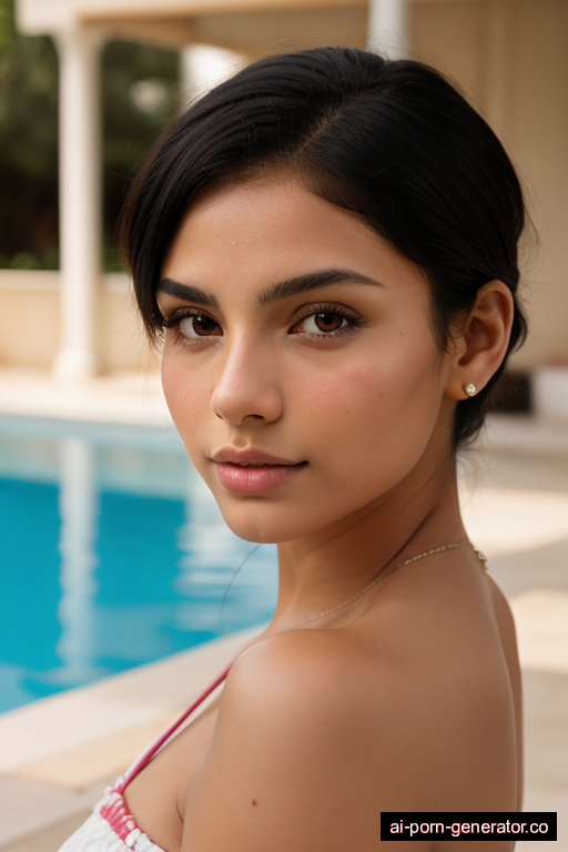 latino athletic young-adult woman with medium boobs and dark hair of shoulder length, splitting legs in pool, wearing naked, with shaved pussy