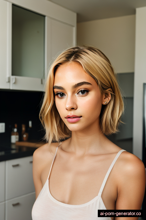 black skinny teen woman with medium boobs and blonde hair of shoulder length, standing in kitchen, wearing t-shirt, with shaved pussy