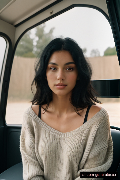 italian skinny young-adult woman with small boobs and black hair of shoulder length, standing in camper van, wearing sweater, with shaved pussy