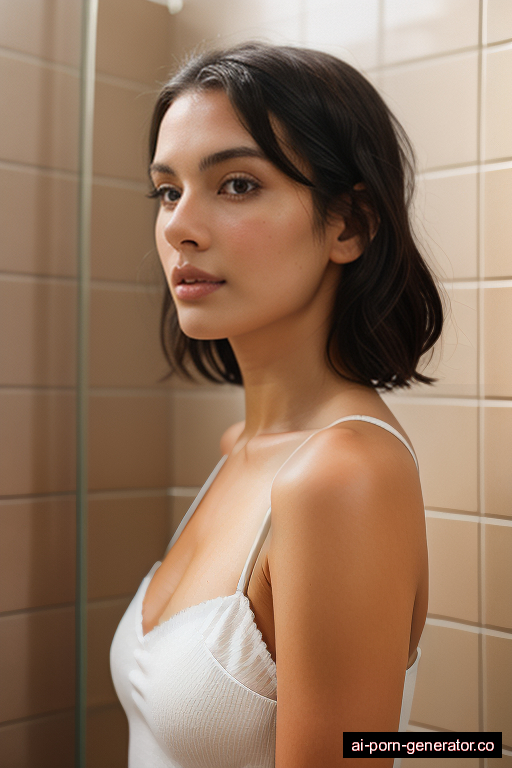 white average built young-adult woman with small boobs and dark hair of shoulder length, standing in shower, wearing lingerie, with shaved pussy