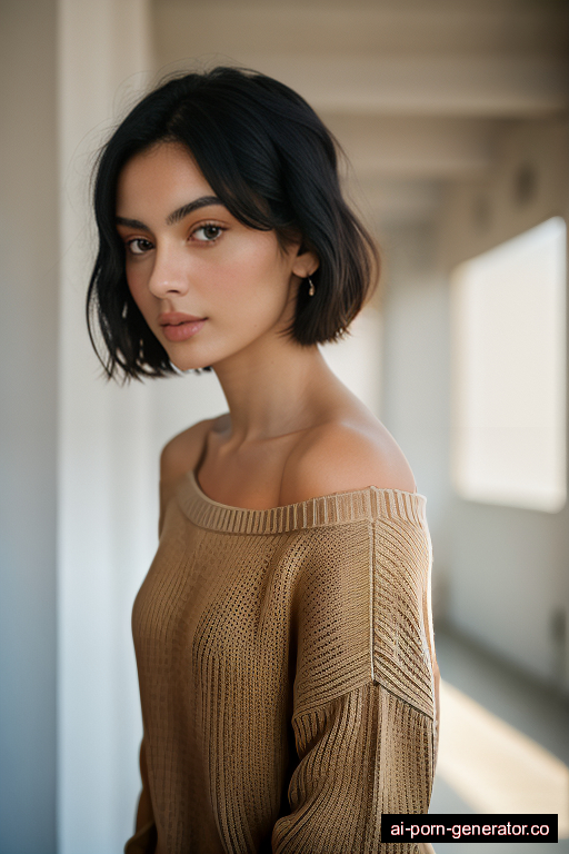 italian average built young-adult woman with small boobs and black hair of shoulder length, standing in sauna, wearing sweater, with shaved pussy