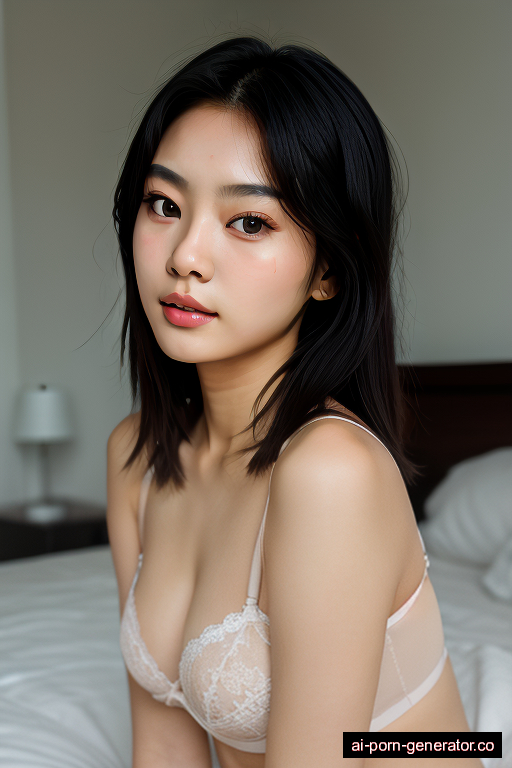 korean skinny teen woman with medium boobs and dark hair of shoulder length, sitting in bedroom, wearing lingerie, with shaved pussy