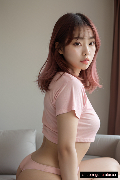 korean curvy young-adult woman with large boobs and pink hair of mid-back length, on her knees in living room, wearing t-shirt, with shaved pussy