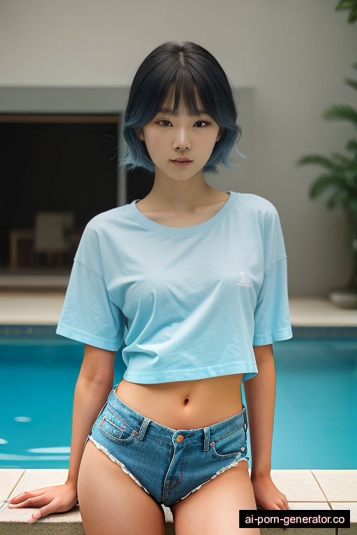 japanese skinny old woman with small boobs and blue hair of shoulder length, bending over in pool, wearing t-shirt, with shaved pussy
