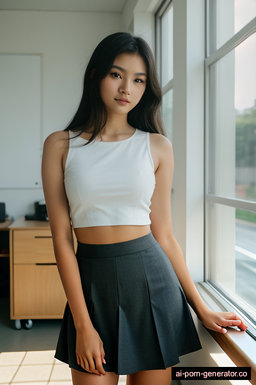 indonesian skinny teen woman with medium boobs and dark hair of shoulder length, standing in classroom, wearing skirt, with shaved pussy