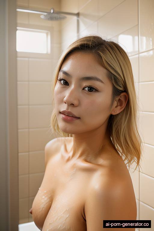 japanese athletic adult woman with large boobs and blonde hair of mid-back length, on her knees in shower, wearing naked, with shaved pussy