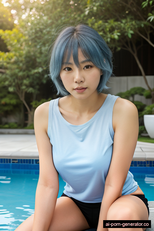 japanese average built adult woman with medium boobs and blue hair of shoulder length, sitting in pool, wearing t-shirt, with shaved pussy