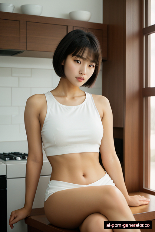 korean athletic young-adult woman with medium boobs and dark hair of shoulder length, sitting in kitchen, wearing naked, with shaved pussy