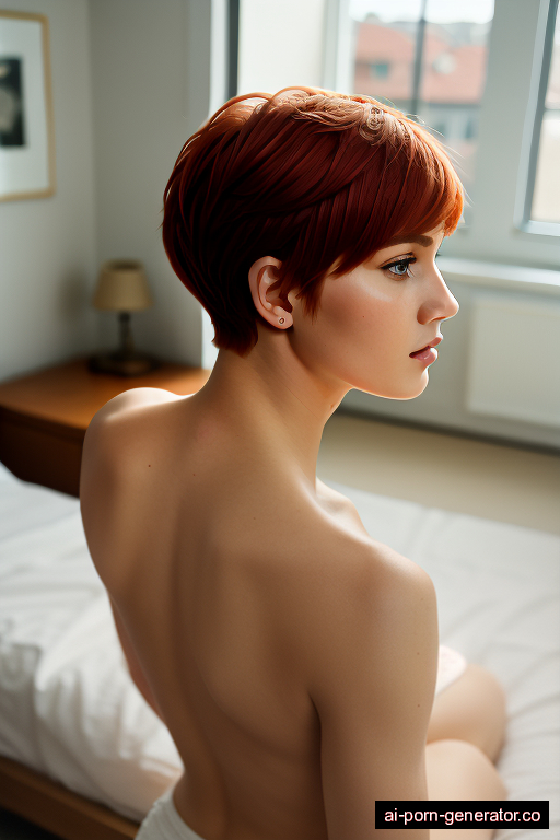 white athletic young-adult woman with large boobs and red hair of pixie cut length, on her knees in bedroom, wearing naked, with trimmed pussy