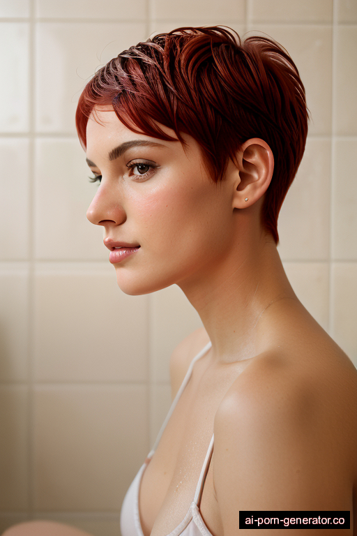 white athletic young-adult woman with large boobs and red hair of pixie cut length, lying down in shower, wearing naked, with shaved pussy