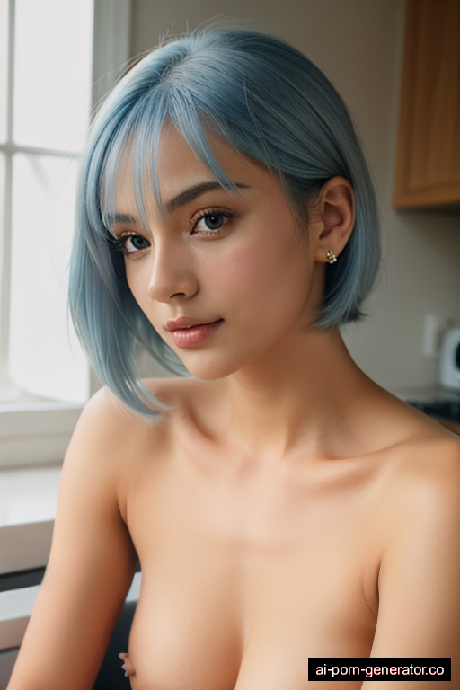 brazilian average built young-adult woman with small boobs and blue hair of shoulder length, lying down in kitchen, wearing bra only, with shaved pussy