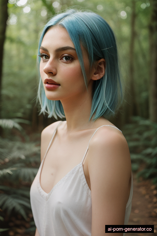 white skinny young-adult woman with small boobs and blue hair of shoulder length, standing in forest, wearing naked, with shaved pussy