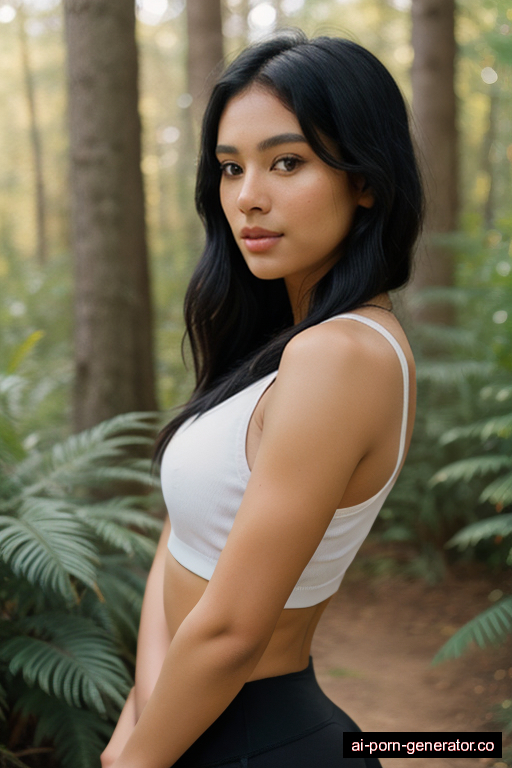 native american athletic young-adult woman with medium boobs and black hair of shoulder length, bending over in forest, wearing yoga pants, with shaved pussy