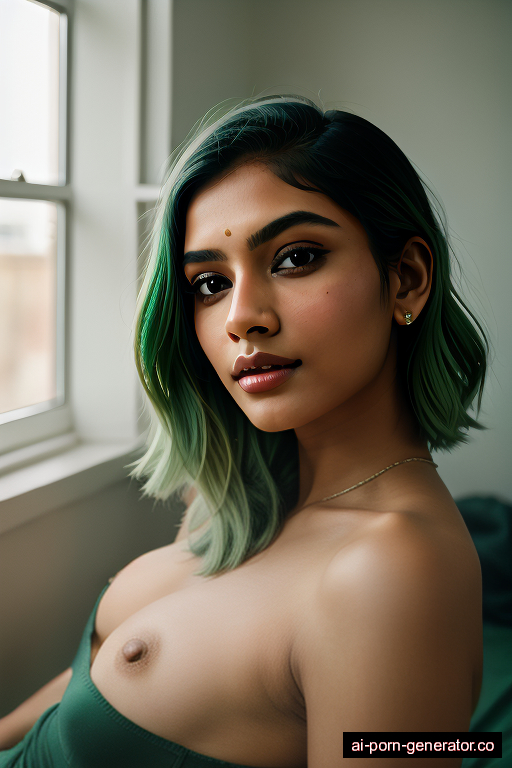 indian skinny young-adult woman with medium boobs and green hair of shoulder length, lying down in classroom, wearing naked, with shaved pussy