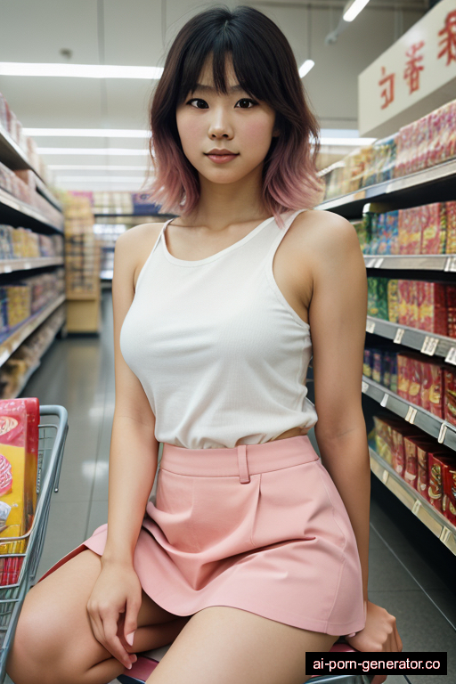 japanese average built adult woman with medium boobs and pink hair of shoulder length, sitting in supermarket, wearing skirt, with shaved pussy