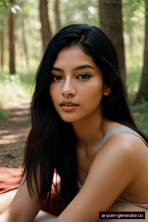 native american skinny young-adult woman with small boobs and black hair of shoulder length, lying down in forest, wearing skirt, with shaved pussy