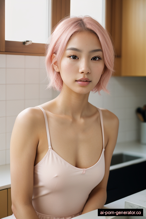 japanese average built young-adult woman with small boobs and pink hair of shoulder length, bending over in kitchen, wearing naked, with shaved pussy