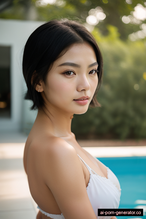 chinese average built young-adult woman with medium boobs and dark hair of shoulder length, standing in pool, wearing naked, with shaved pussy