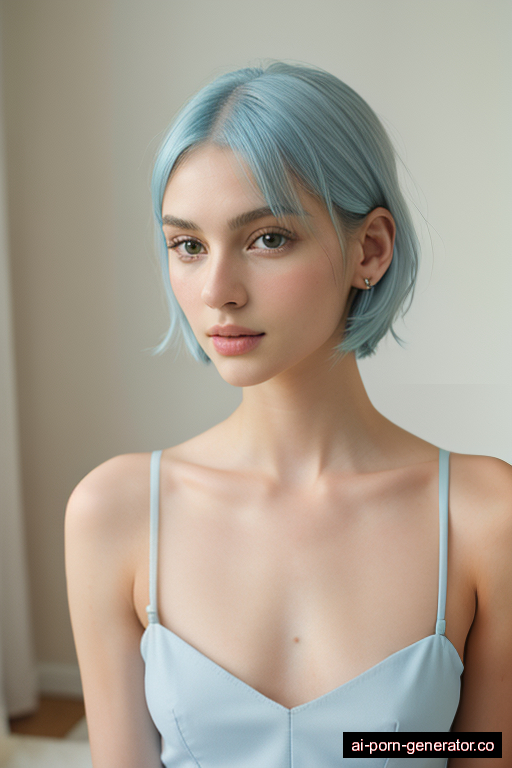 white skinny young-adult woman with small boobs and blue hair of shoulder length, sitting in bedroom, wearing naked, with shaved pussy