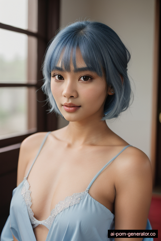 indonesian average built young-adult woman with medium boobs and blue hair of shoulder length, splitting legs in bedroom, wearing bathrobe, with shaved pussy