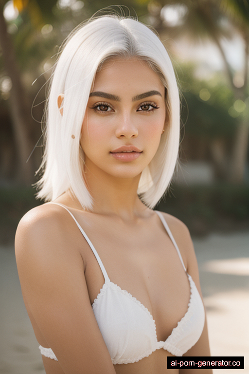 mexican average built young-adult woman with medium boobs and white hair of shoulder length, splitting legs in beach, wearing naked, with shaved pussy