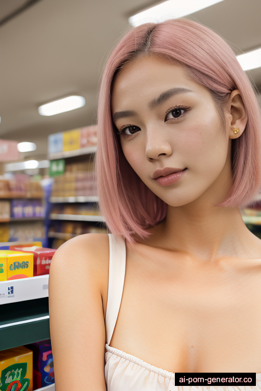 japanese skinny young-adult woman with small boobs and pink hair of shoulder length, lying down in supermarket, wearing naked, with shaved pussy