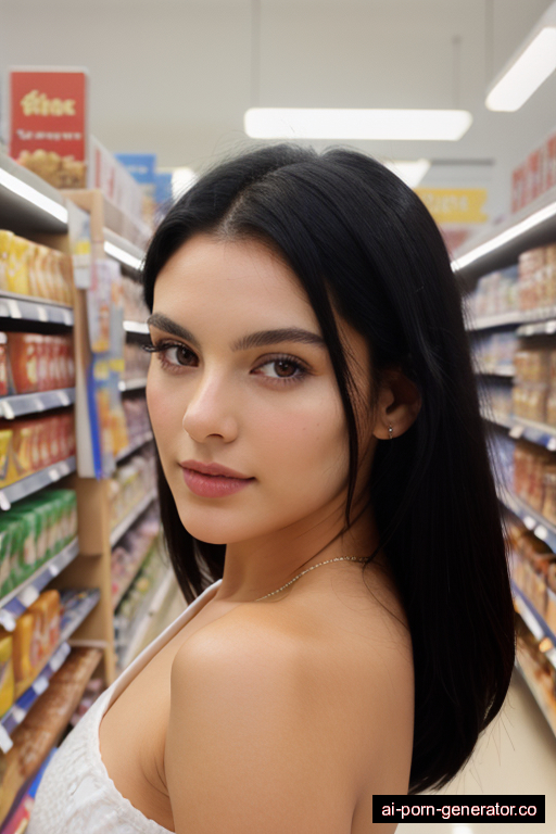 white athletic young-adult woman with large boobs and black hair of shoulder length, standing in supermarket, wearing naked, with shaved pussy