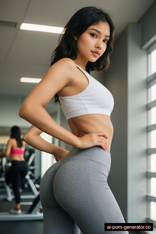 indonesian athletic young-adult woman with small boobs and dark hair of shoulder length, bending over in gym, wearing yoga pants, with shaved pussy