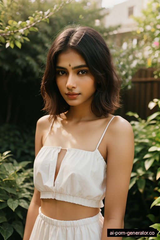 indian skinny young-adult woman with small boobs and blonde hair of shoulder length, standing in garden, wearing naked, with shaved pussy