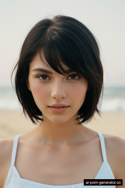 white athletic young-adult woman with small boobs and black hair of shoulder length, standing in beach, wearing naked, with shaved pussy