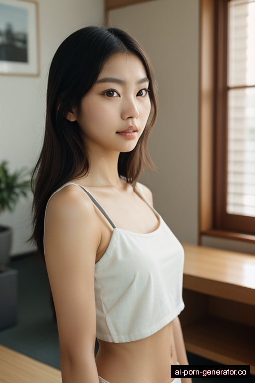 japanese skinny young-adult woman with medium boobs and blonde hair of shoulder length, standing in living room, wearing crop top, with shaved pussy