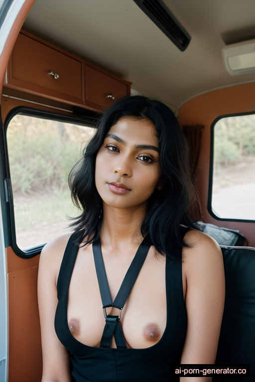 indian skinny adult woman with small boobs and black hair of shoulder length, sitting in camper van, wearing harness, with shaved pussy