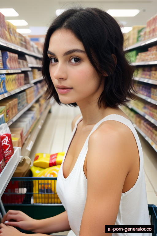 white athletic young-adult woman with medium boobs and dark hair of shoulder length, sitting in supermarket, wearing naked, with shaved pussy