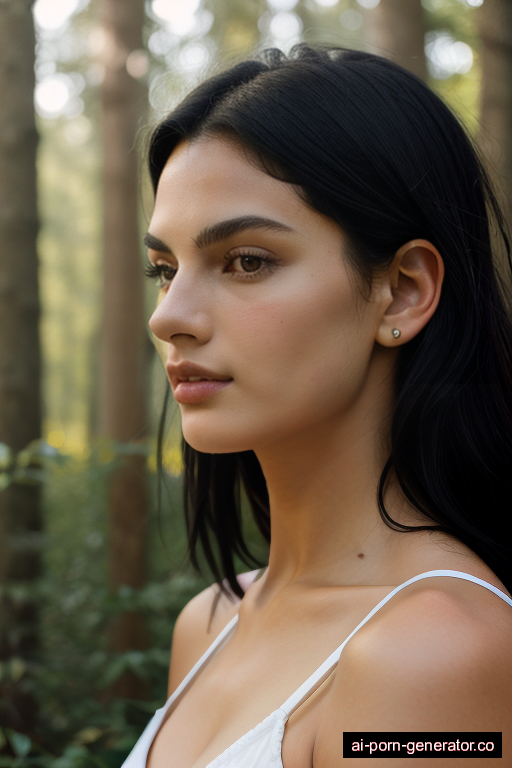 italian athletic young-adult woman with medium boobs and black hair of shoulder length, splitting legs in forest, wearing naked, with shaved pussy