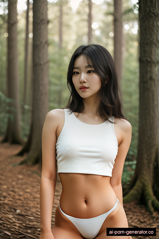 korean average built teen woman with medium boobs and dark hair of shoulder length, splitting legs in forest, wearing crop top, with shaved pussy