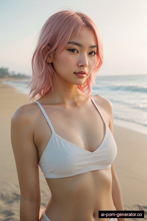 japanese athletic young-adult woman with medium boobs and pink hair of shoulder length, standing in beach, wearing swimsuit, with shaved pussy