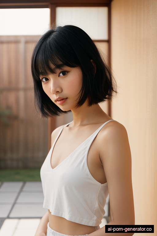 japanese athletic young-adult woman with medium boobs and black hair of shoulder length, standing in bedroom, wearing lingerie, with shaved pussy