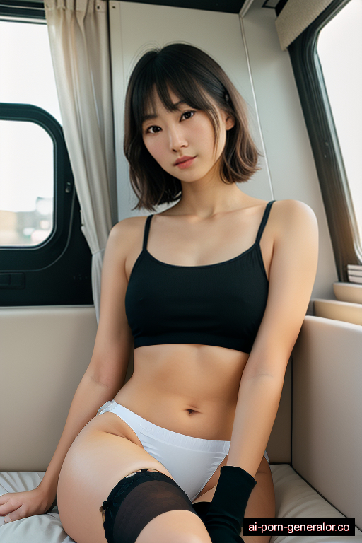 japanese athletic young-adult woman with small boobs and blonde hair of shoulder length, sitting in camper van, wearing stockings, with shaved pussy