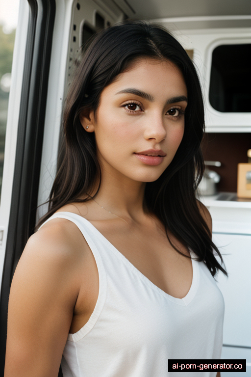 latino athletic young-adult woman with small boobs and dark hair of shoulder length, standing in camper van, wearing panties only, with shaved pussy