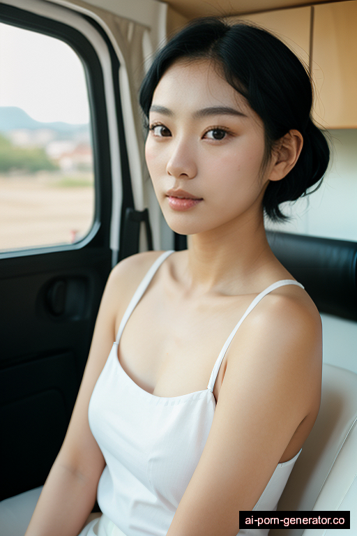 korean athletic young-adult woman with small boobs and black hair of shoulder length, splitting legs in camper van, wearing naked, with shaved pussy