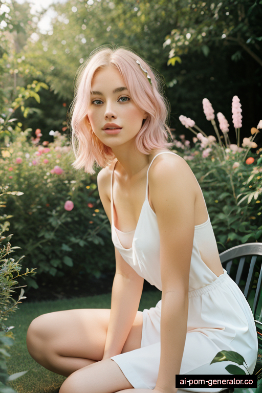 white athletic young-adult woman with small boobs and pink hair of shoulder length, sitting in garden, wearing skirt, with shaved pussy