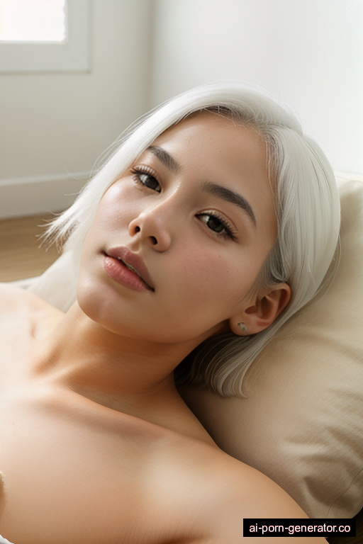 japanese athletic young-adult woman with medium boobs and white hair of shoulder length, lying down in bedroom, wearing naked, with shaved pussy